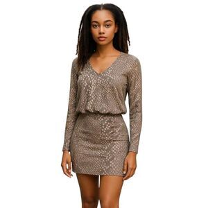 Venus Blush Gold Shiny v-neck Blouson with Oversized Top Short Sexy Dress Plus